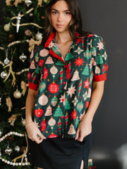 Green Christmas Fashion Print Contrast Trim Frilled Neck Short Sleeve Blouse - Miniatuur