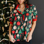 Green Christmas Fashion Print Contrast Trim Frilled Neck Short Sleeve Blouse