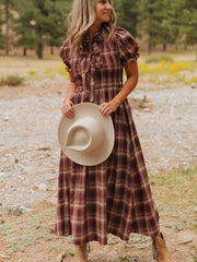 Abito midi a vita alta con nodo vintage vintage rosso a quadri e nodo a quadri - Miniatuur