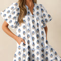 Sky Blue Floral Puff Sleeve Tied Neck Pocketed Mini Dress - Foto 3
