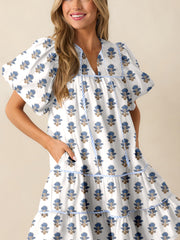 Sky Blue Floral Puff Sleeve Tied Neck Pocketed Mini Dress - Miniatuur