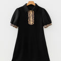 Black Leopard Patchwork Zip Collared Short Puff Sleeve Shift Mini Dress - Damesmode Afbeelding 5 - Foto 5