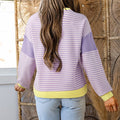 Lila Stripe Contrast Trim Farbblock Patchwork Cut Cut Shoulder Strickoberteil - Foto 2