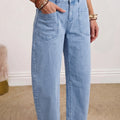 Beau Blue Solid Color Square Patch Pocket Ankle-length Barrel Jeans - Damesmode Afbeelding 3 - Foto 3