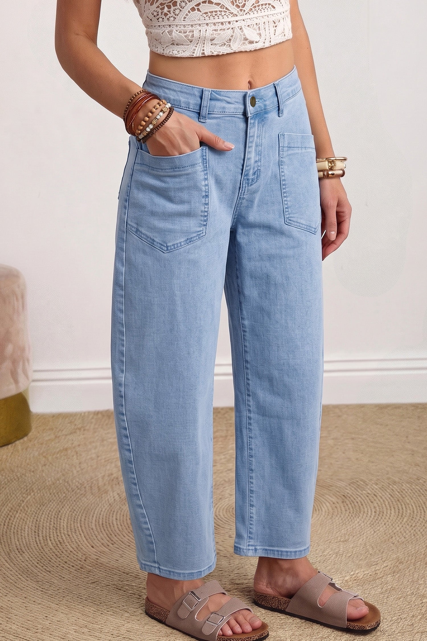 Beau Blue Solid Color Square Patch Pocket Ankle-length Barrel Jeans - Damesmode Afbeelding 3