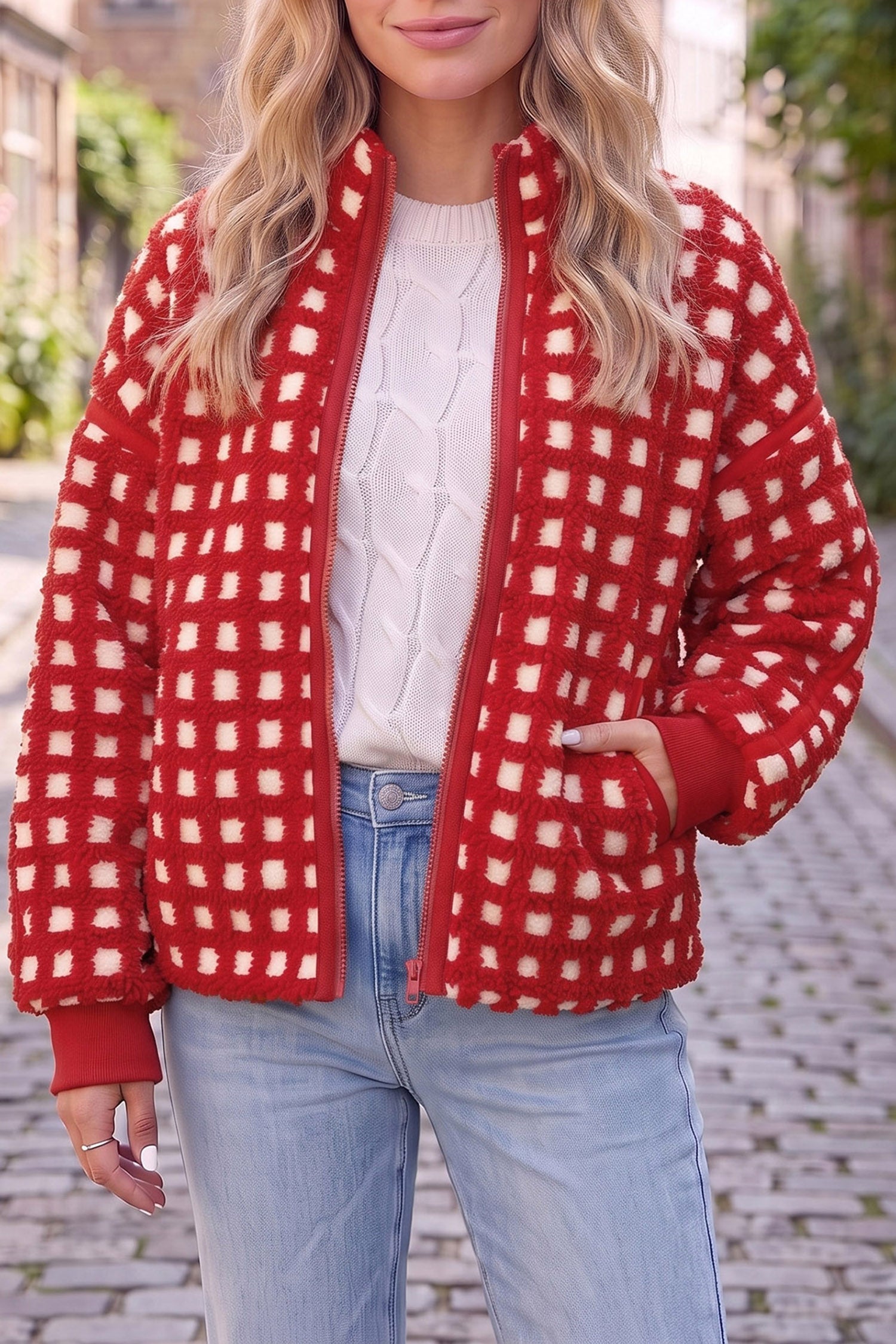 Veste à manches longues à carreaux rouge flamboyant à fermeture éclair