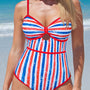 Red July 4th Stripes Impression Cutout Spaghetti Straps One Piece Swimsuit