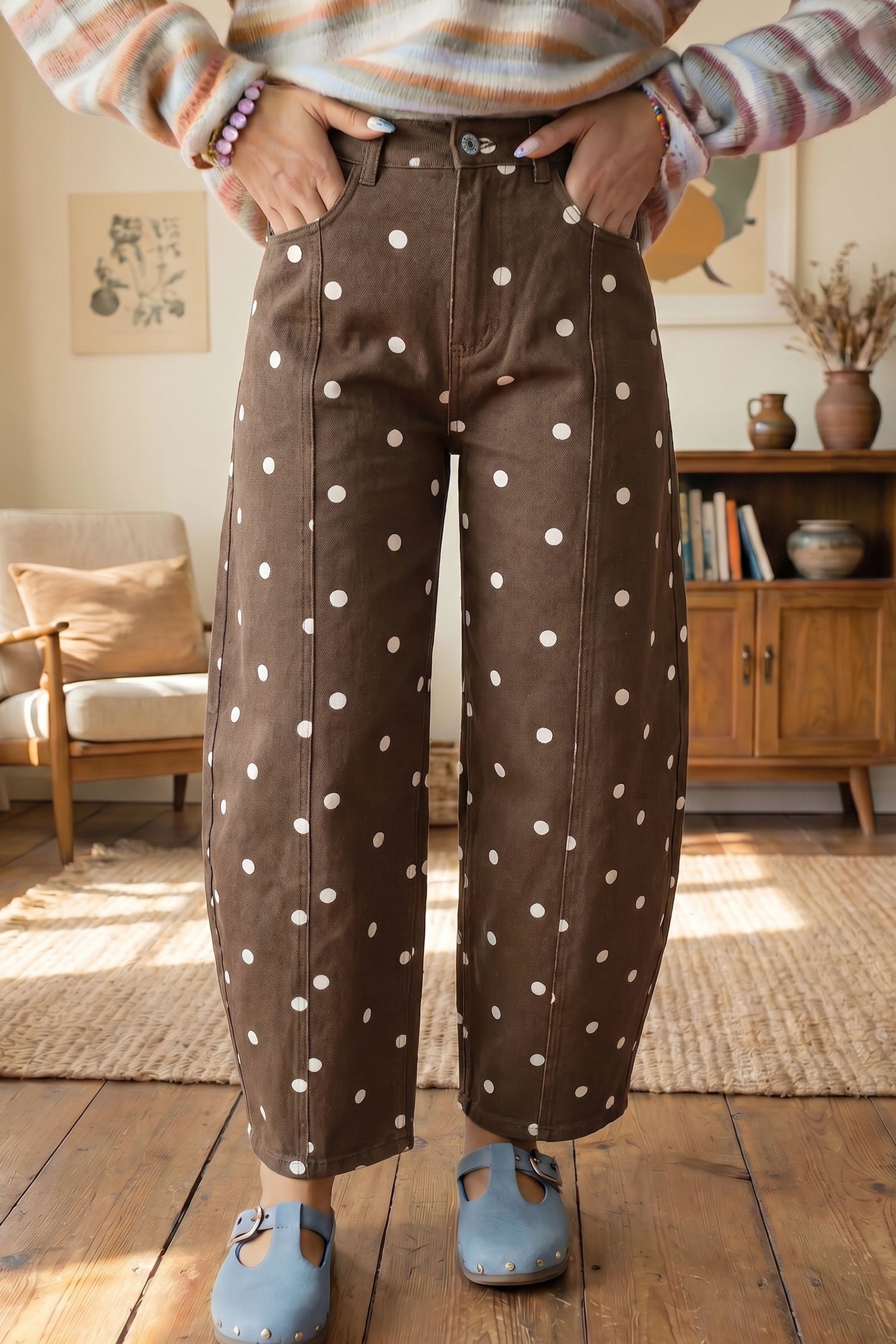 Blue Tailored Seam Polka Dot Print Barrel Casual Jeans - Damesmode Afbeelding 7