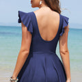 Black Ruffled Short Sleeve Lace Trim V Neck One Piece Swim Dress - Damesmode Afbeelding 5 - Foto 5