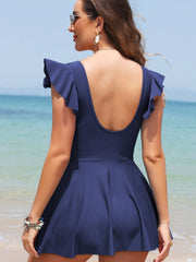 Black Ruffled Short Sleeve Lace Trim V Neck One Piece Swim Dress - Damesmode Afbeelding 5 - Miniatuur