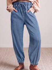 Dusk Blue Elastic Waist Harem Ankle Length Jeans - Miniatuur