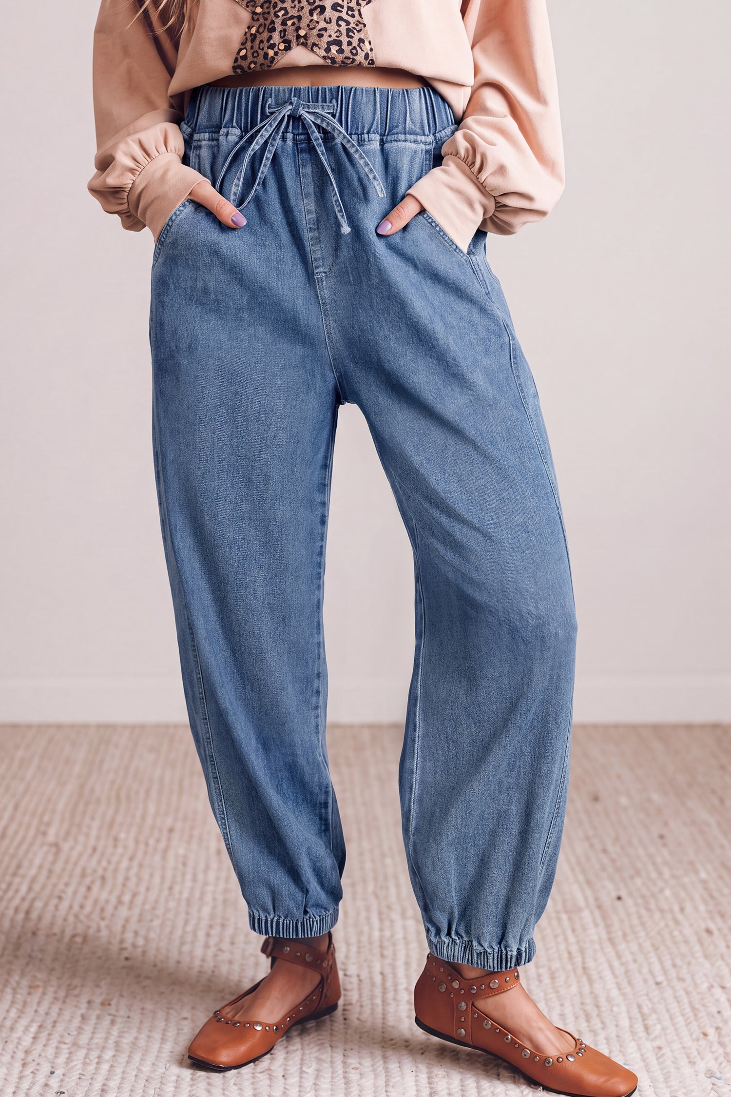 Jeans harem taille élastique bleu crépuscule longueur cheville