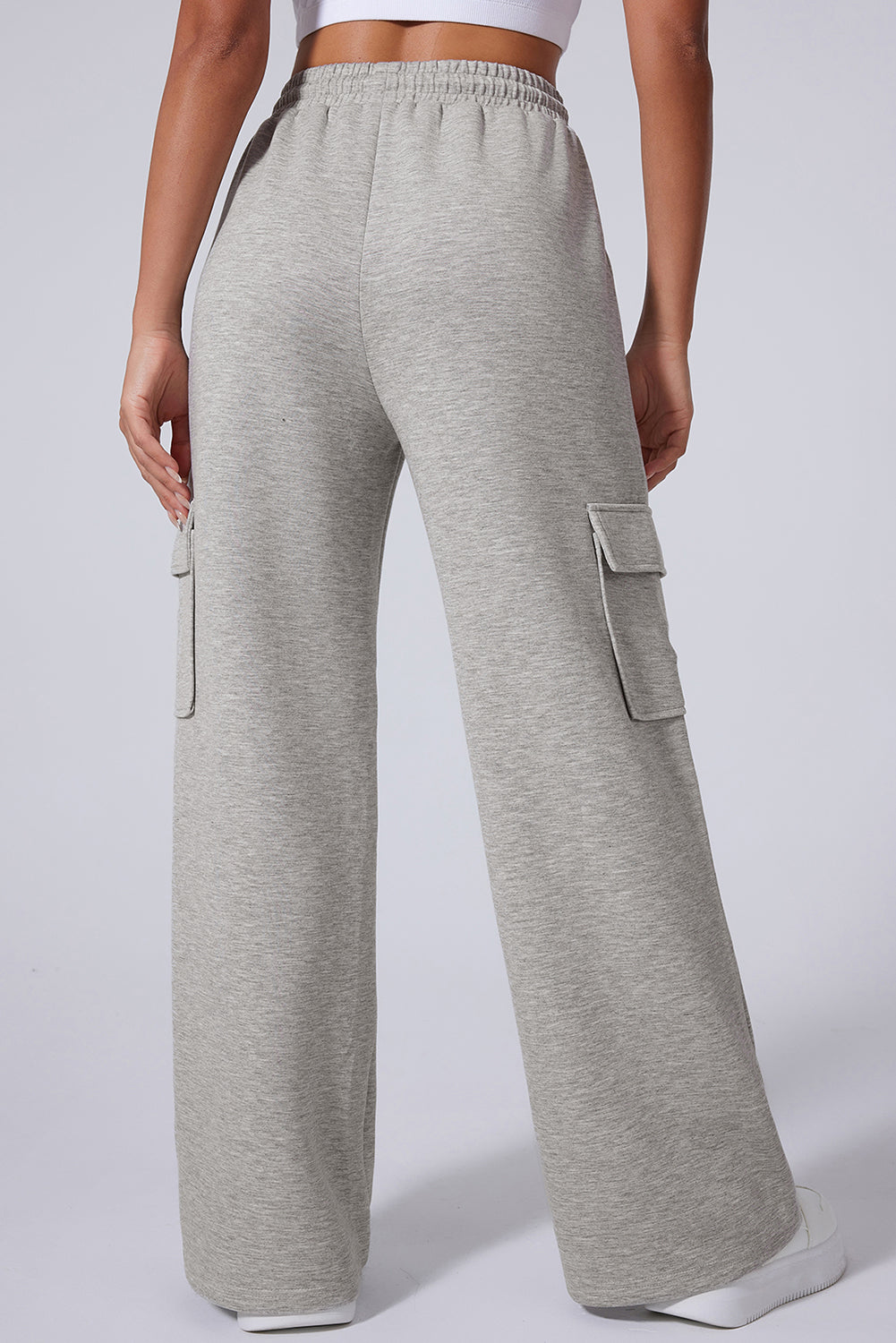 Pantaloni da allenamento a vita alta a vita alta con lacci e a gamba larga grigio chiaro con tasche multiple