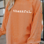 Sweatshirt de Ação de Graças Laranja Thankful Canelado com Gola Redonda