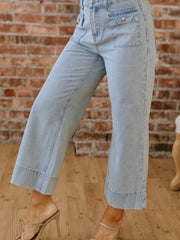 Sky Blue Stripe Button Flap Pocket Cuffed Hem Wide Leg Jeans - Miniatuur