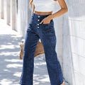 Sail Blue Héich Taille Knäppchen virun Breet Been, kuerz Jeans - Foto 4