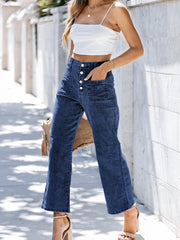 Jeans tagliati a vita alta a vita alta e gamba larga tagliati a vela blu - Miniatuur