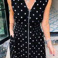 Black Polka Dot Print Contrast Trim V Neck Zip Up Sleeveless Dress - Damesmode Afbeelding 3 - Foto 3