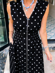 Schwarzer Polka-Punkt-Muster Kontrast-Trim V-Ausschnitt Ärmelloses Kleid ohne Reißverschluss – Damesmode Afbeelding 3 - Miniatuur