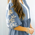 Smoke Green Color Block Patchwork V Neck Embroidered Puff Sleeve Babydoll Blouse - Foto 5