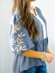 Smoke Green Color Block Patchwork V Neck Embroidered Puff Sleeve Babydoll Blouse - Miniatuur