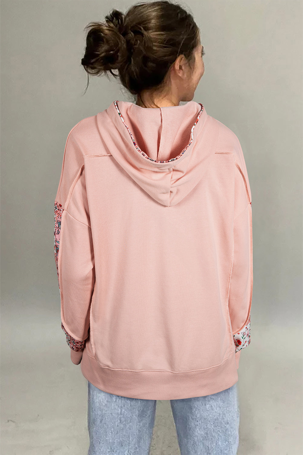 Flamingo Mix Blumen-Patchwork-Hoodie mit Seitenschlitz und Kordelzug