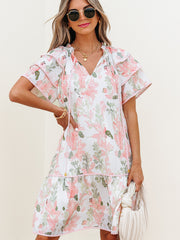 Sky Blue Floral Contrast Edge Layered Short Sleeve Mini Dress - Miniatuur