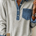 Sleet Denim Collar Patchwork Long Sleeve Pullover Top - Foto 3