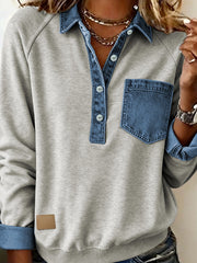 Schneeregen Denim-Kragen-Patchwork-Langarmpullover Top - Miniatuur