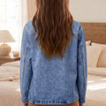 Sky Blue Patchwork Leather Collar Long Sleeve Denim Jacket - Foto 2