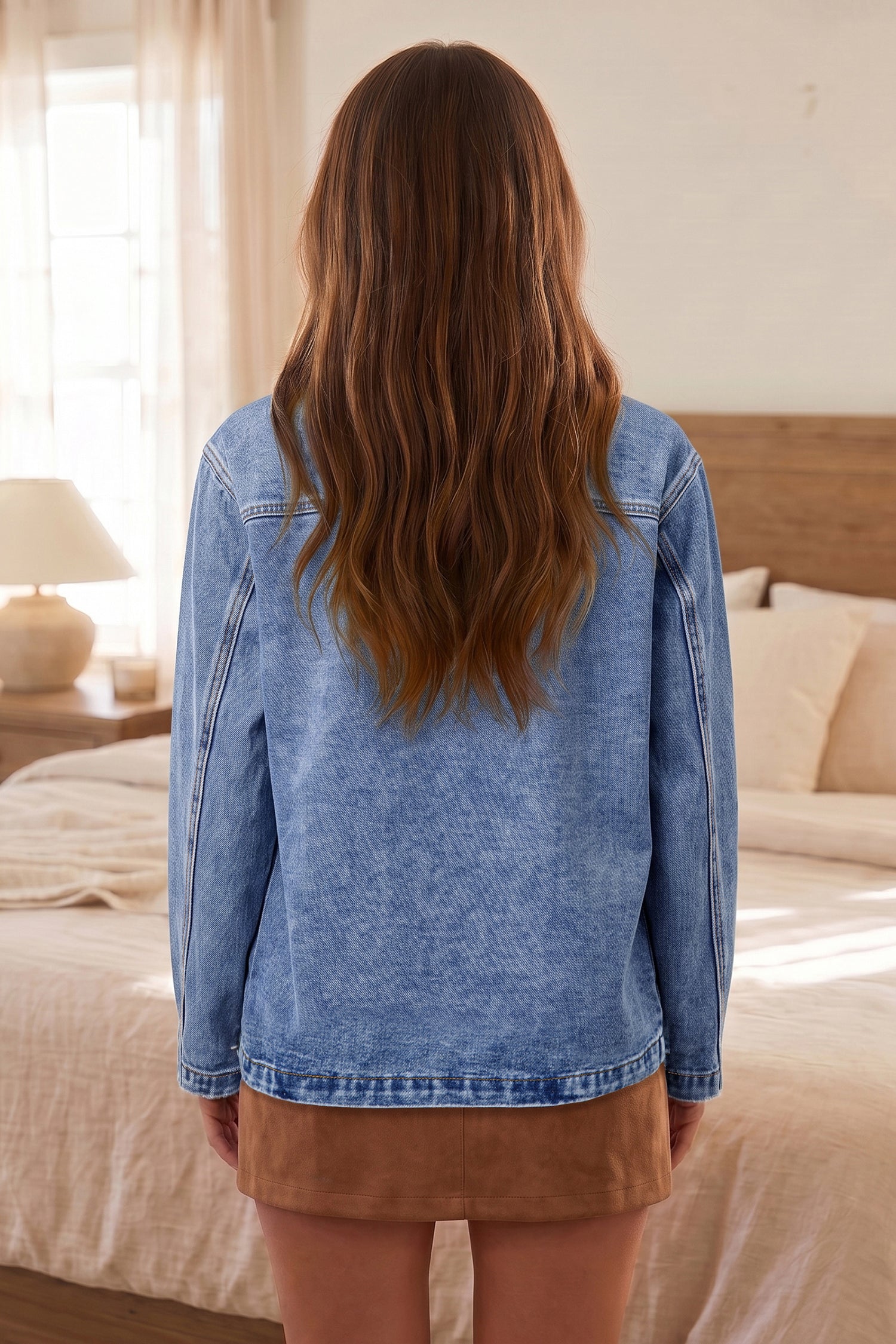 Himmelblauer Patchwork-Lederkragen-Langarm-Jeansjacke
