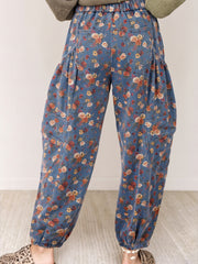 Beau Blue Retro Floral Print Elastic Waist Pocketed Barrel Jeans - Damesmode Afbeelding 2 - Miniatuur