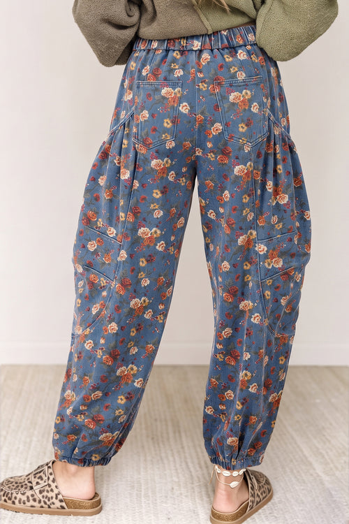 Beau Blue Retro Floral Print Elastic Waist Pocketed Barrel Jeans - Damesmode Afbeelding 2
