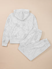 Light Grey Abstract Print Loose Drop Sleeve Hoodie Elastic Waistband 2pcs Pant Set - Miniatuur