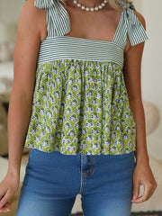 Camiseta de tirantes de nudo con estampado floral verde Babydoll - Miniatuur