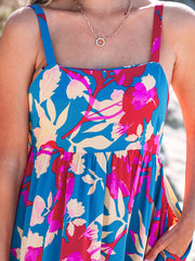 Dark Blue Floral High Waist Sleeveless Flared Long Dress - Miniatuur