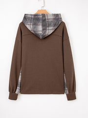 Brown Plaid Patchwork Button Down Drawstring Hooded Shacket - Damesmode Afbeelding 5 - Miniatuur