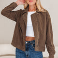 Dark Khaki Button Zip Up Lapel Collar Corduroy Jacket - Foto 5