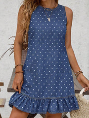 Blue Polka Dot Ruffle Hem Sleeveless Denim Mini Dress - Women's Fashion Image 1 - Miniatuur