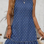 Blue Polka Dot Pattern with Ruffles Hem Sleeveless Denim Mini Dress