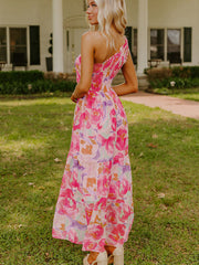 Robe Maxi à une épaule à motif fleural abstrait rose à motifs brillants - Miniatuur