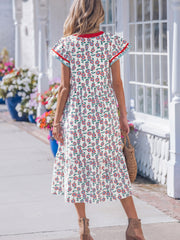 Himmelblaues, niedliches Sonnenblumenmuster, gestreiftes, patchworkartiges Rand, langes Kleid mit flatternden Ärmeln - Miniatuur