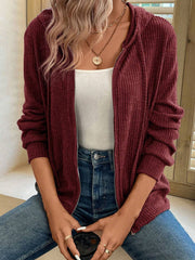 Red Dahlia Ribbed Zip Up Front Drawstring Hoodie - Miniatuur