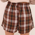 Brown Plaid Button Front Elastic Waist Shorts - Damesmode Afbeelding 5 - Foto 5