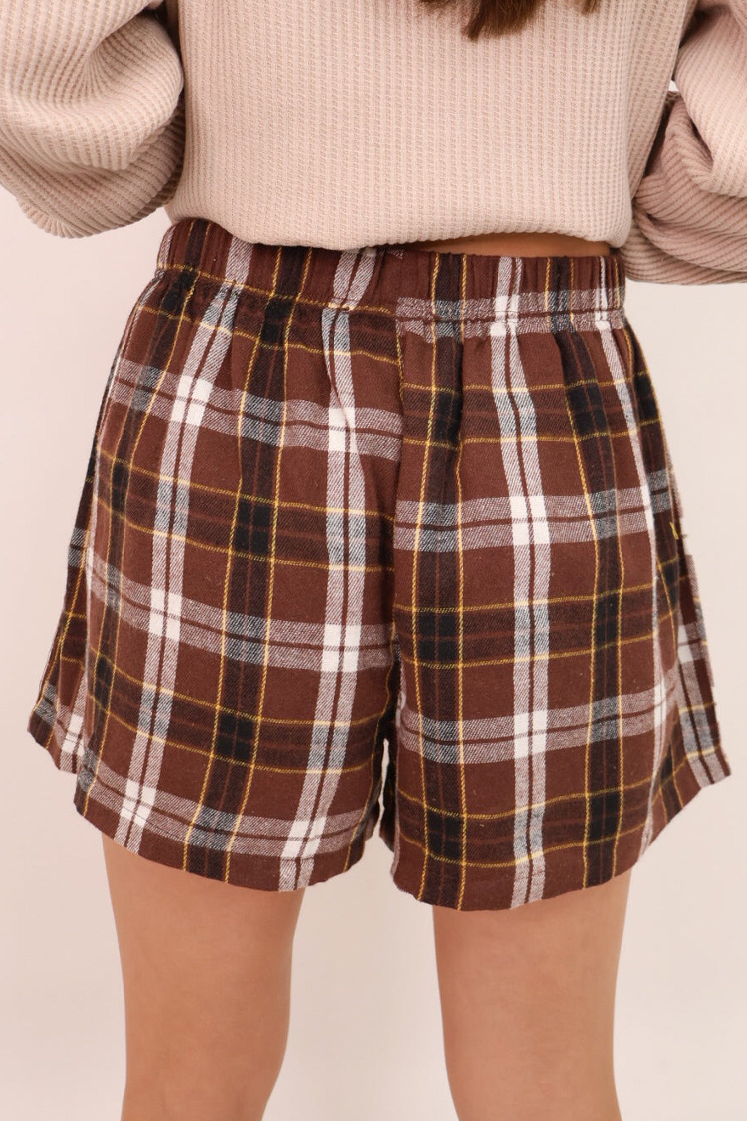 Brown Plaid Button Front Elastic Waist Shorts - Damesmode Afbeelding 5