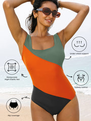 Duffel Green Color Block Padded Square Neck One Piece Swimsuit - Miniatuur