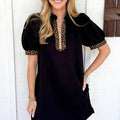 Black Leopard Patchwork Zip Collared Short Puff Sleeve Shift Mini Dress - Damesmode Afbeelding 2 - Foto 2