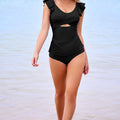 Black Solid Color Ruffle Detail Crossed Cutout Slim Tankini 2pcs Swimsuit - Damesmode Afbeelding 5 - Foto 5