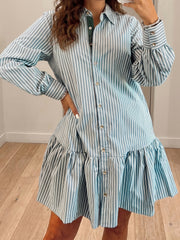 Green Stripe Striped Shift Long Sleeve Dress - Miniatuur