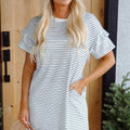 Green Stripe Ruffled Short Sleeve Crew Neck T Shirt Shift Mini Dress - Foto 4
